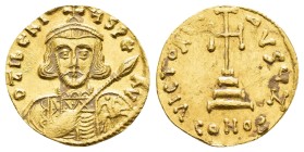 TIBERIUS III (APSIMAR) (698-705).Constantinople.Solidus.
Obv : D TIЬЄRIЧS PЄ AV.
Crowned and cuirassed bust facing, holding spear and shield decorat...
