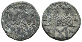 LEO IV THE KHAZAR with CONSTANTINE VI, LEO III and CONSTANTINE V (775-780). Follis. Constantinople.
Obv: Leo IV and Constantine VI seated facing on d...