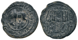 BEGTIMURID.Sayf al Din Begtimur. 1183-1193 AD. AE Fals.Ahlat mint ?.589 AH.
Obv : Cow standing left, suckling calf; title and date around.
Rev : Ara...