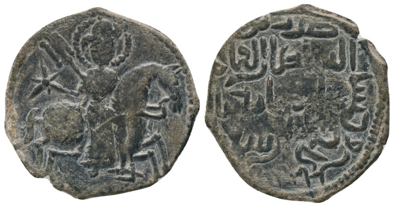 SELJUQ of RUM. Sulayman II . 1196-1204 AD.AE Fals. Nimbate horseman carrying mac...