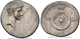 Octavian, as Imperator and Triumvir (43-33 BC). AR denarius (20mm, 3.79 gm, 5h). NGC AU 4/5 - 2/5, marks, brushed. Uncertain mint, ca. 35-34 BC. Bare ...
