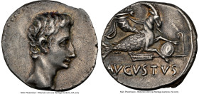 Augustus (27 BC-AD 14). AR denarius (18mm, 3.69 gm, 6h). NGC XF 5/5 - 4/5. Spain (Colonia Patricia?), ca. 18-16 BC. Bare head of Augustus right with w...
