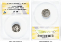Augustus (27 BC-AD 14). AR denarius (17mm, 7h). ANACS VF 35. Spain, Colonia Patricia, 18-16 BC. SPQR CAESARI-AVGVSTO, bare head of Augustus right / VO...