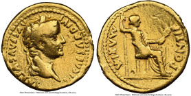 Tiberius (AD 14-37). AV aureus (19mm, 7.87 gm, 7h). NGC Choice Fine 5/5 - 1/5, ex-mount, polished, edge bend. Lugdunum, ca. AD 14-17. TI CAESAR DIVI-A...