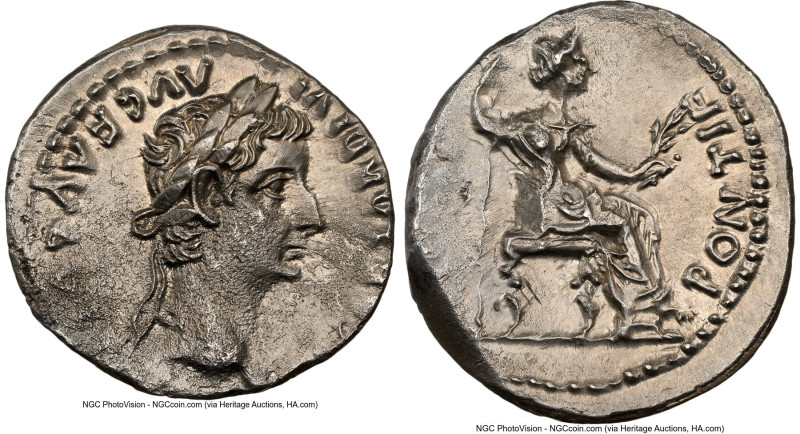 Tiberius (AD 14-37). AR denarius (18mm, 3.61 gm, 8h). NGC MS 4/5 - 2/5. Lugdunum...