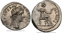 Tiberius (AD 14-37). AR denarius (18mm, 3.61 gm, 8h). NGC MS 4/5 - 2/5. Lugdunum, ca. AD 18-35. TI CAESAR DIVI-AVG F AVGVSTVS, laureate head of Tiberi...