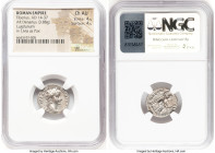 Tiberius (AD 14-37). AR denarius (18mm, 3.88 gm, 2h). NGC Choice AU 4/5 - 4/5. Lugdunum, ca. AD 18-35. TI CAESAR DIVI-AVG F AVGVSTVS, laureate head of...