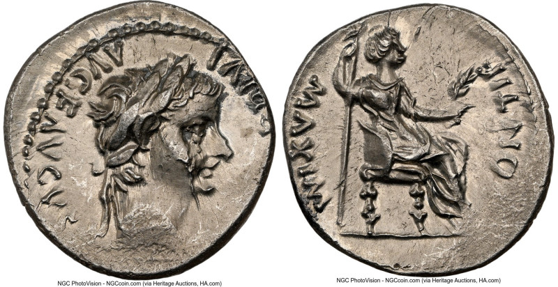 Tiberius (AD 14-37). AR denarius (19mm, 3.78 gm, 2h). NGC Choice AU 3/5 - 3/5, b...