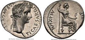 Tiberius (AD 14-37). AR denarius (19mm, 3.81 gm, 1h). NGC AU 4/5 - 4/5. Lugdunum, ca. AD 18-35. TI CAESAR DIVI-AVG F AVGVSTVS, laureate head of Tiberi...