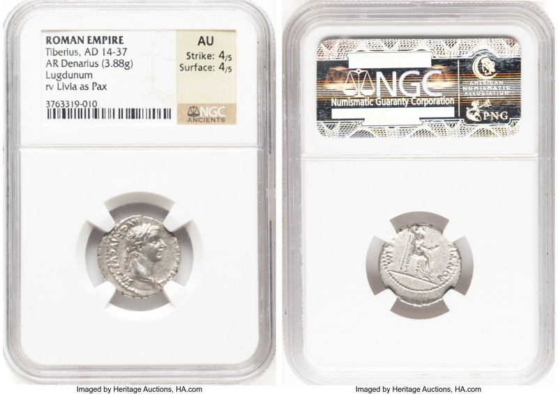 Tiberius (AD 14-37). AR denarius (19mm, 3.88 gm, 1h). NGC AU 4/5 - 4/5. Lugdunum...