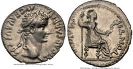 Tiberius (AD 14-37). AR denarius (19mm, 3.69 gm, 4h). NGC XF 4/5 - 4/5. Lugdunum, ca. AD 18-35. TI CAESAR DIVI-AVG F AVGVSTVS, laureate head of Tiberi...
