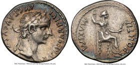 Tiberius (AD 14-37). AR denarius (18mm, 3.71 gm, 6h). NGC XF 5/5 - 3/5, brushed. Lugdunum, ca. AD 18-35. TI CAESAR DIVI-AVG F AVGVSTVS, laureate head ...