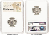 Nero (AD 54-68). AR denarius (19mm, 3.50 gm, 5h). NGC AU 4/5 - 4/5. Rome, AD 65-66. NERO CAESAR-AVGVSTVS, laureate head of Nero right / SALVS, Salus e...
