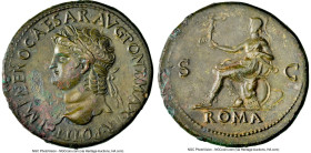 Nero (AD 54-68). AE sestertius (35mm, 24.57 gm, 7h). NGC Choice XF 4/5 - 2/5, smoothing. Lugdunum, ca. AD 66. IMP NERO CAESAR AVG PONT MAX TR POT P P,...