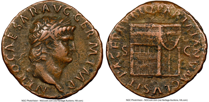Nero (AD 54-68). AE as (28mm, 7h). NGC VF. Rome, ca. AD 65. NERO CAESAR AVG GERM...