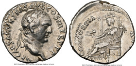 Vespasian (AD 69-79). AR denarius (17mm, 3.41 gm, 6h). NGC Choice XF 4/5 - 4/5, flan flaw. Ephesus, AD 71. IMP CAESAR VESPAS AVG COS III TR P P P, lau...