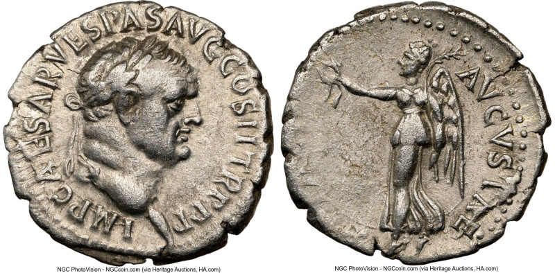 Vespasian (AD 69-79). AR denarius (18mm, 2.96 gm, 12h). NGC Choice VF 4/5 - 4/5....