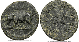 Domitian, as Augustus (AD 81-96). AE quadrans (18mm, 5h). NGC VF, smoothing. Rome, AD 84-85. Rhinoceros advancing left / IMP DOMIT AVG GERM, legend su...