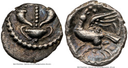 BRITAIN. Regini-Atrebates. Verica (ca. AD 10-40). AR minim (8mm, 0.31 gm, 11h). NGC XF 4/5 - 4/5. Thyrsus set on cantharus, flanked by cornucopia on e...