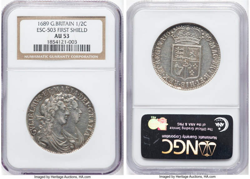 William & Mary 1/2 Crown 1689 AU53 NGC, KM472.1, S-3434, ESC-826 (previously 503...