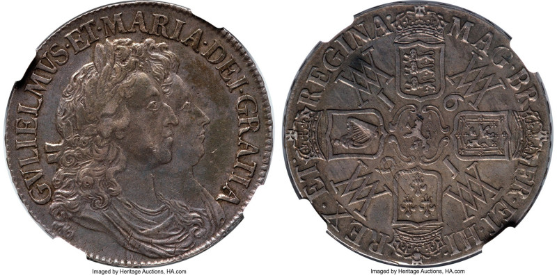 William & Mary Crown 1691 AU50 NGC, KM478, S-3433. ESC-820. TERTIO edge. A popul...