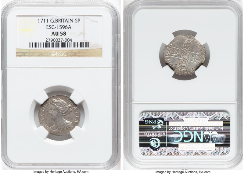 Anne 6 Pence 1711 AU58 NGC, KM522.1, S-3619, ESC-1460 (previously 1596A). HID098...