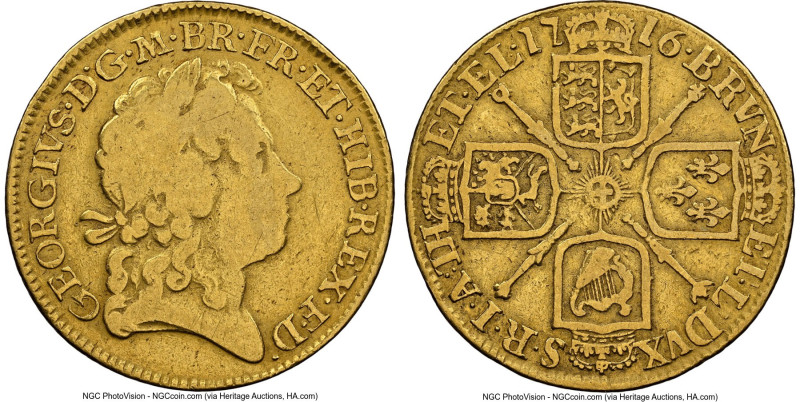 George I gold Guinea 1716 Fine Details (Cleaned) NGC, KM546.1, S-3631. 4th bust....