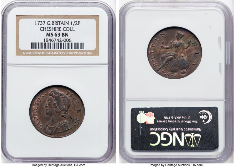 George II 1/2 Penny 1737 MS63 Brown NGC, KM566, S-3717. Currently there are only...