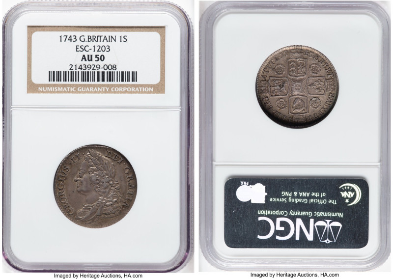 George II Shilling 1743 AU50 NGC, KM583.1, S-3702, ESC-1720 (previously 1203). O...