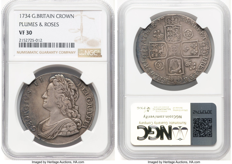 George II Crown 1734 VF30 NGC, KM575.1, S-3686, ESC-1663. Plumes & Roses in angl...