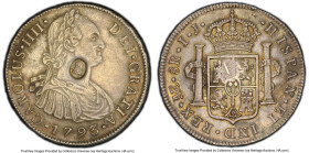 George III Counterstamped Bank Dollar of 5 Shillings ND (1797) AU53 PCGS, KM637. Host: Peru Charles IV 8 Reales 1793 LM-IJ (cf. KM87); Counterstamp: T...