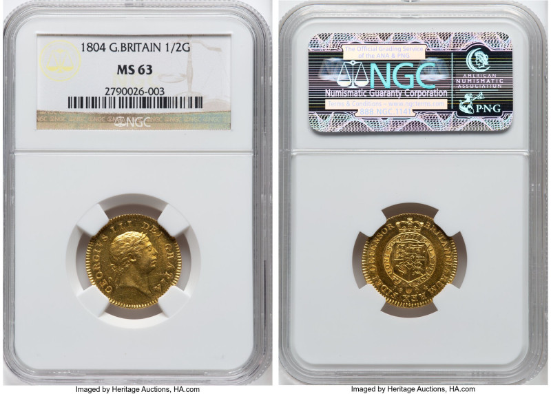 George III gold 1/2 Guinea 1804 MS63 NGC, KM651, S-3737. An superb Choice exampl...