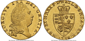 George III gold Guinea 1798 AU58 NGC, KM609, S-3729. Spade type. A 'Spade' type nearing Mint State, precluded from a higher grade only from the eviden...