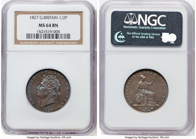 George IV 1/2 Penny 1827 MS64 Brown NGC, KM692, S-3824. Lovely cinereal patinati...