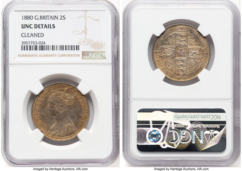 Victoria Florin 1880 UNC Details (Cleaned) NGC, KM746.4, S-3900. Planchet awash ...
