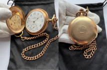 Gold Pocket watch "NOMOS Glashütte" Germany No.641 ,around the year 1910 , Total weight 110,2g, Gold Au.585 witrh punch, watch case and chain, fully f...