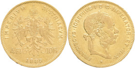 FRANCIS JOSEPH  I. 1848-1916 4 Gulden/10 Francs 1885 ,KM#2260,Fr#503, Au.900 3,19g 19/1mm, Vienna