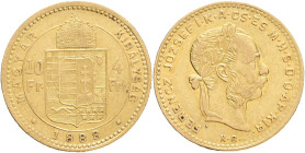 FRANCIS JOSEPH  I. 1848-1916 4  Forint/10 Francs 1888 KB,KM#466,ÉH#1455, Au.900 3,22g 19/1mm, Kremnica