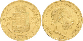 FRANCIS JOSEPH  I. 1848-1916 8 Forint/20 Francs 1870 G.Y.F,  KM#455, ÉH#1453,  Au.900 6,45g 21mm Karlsberg, Alba Lilia (Romania)