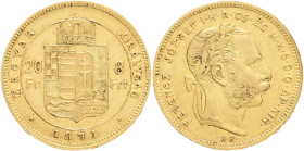 FRANCIS JOSEPH  I. 1848-1916 8 Forint/20 Francs 1871 KB  KM#455, ÉH#1453,  Au.900 6,45g 21mm Kremnica