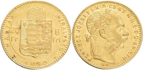 FRANCIS JOSEPH  I. 1848-1916 8 Forint/20 Francs 1890 KB FIUME KM#477, ÉH#1454,  Au.900 6,45g 21mm Kremnica