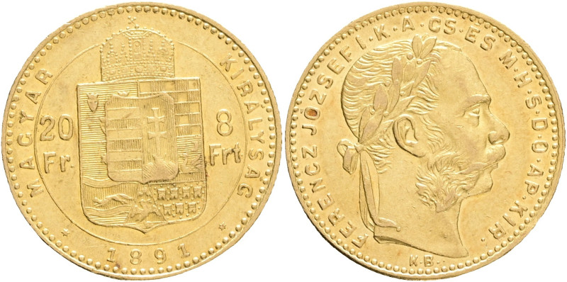 FRANCIS JOSEPH I. 1848-1916 8 Forint/20 Francs 1891 KB FIUME KM#477, ÉH#1454, Au...