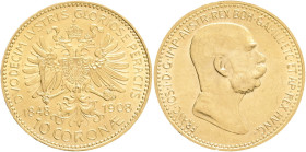 FRANCIS JOSEPH  I. 1848-1916 10 Corona 1908, 60. Anniversary of the government, KM#2810,Fr#516 Au.900 3,38g, 19mm, Vienna, hair lines , edge