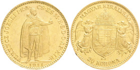 FRANCIS JOSEPH  I. 1848-1916 20 Corona 1911 K.B., KM#486 , ÉH#1489 Au.900 6,77g 21mm, R!,