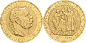 FRANCIS JOSEPH  I. 1848-1916 100 Corona 1907 K.B., Anniversary of the coranation on the Hungarian throne - FJI., KM#490 Au.900 33,875g, 37mm, Kremnica...