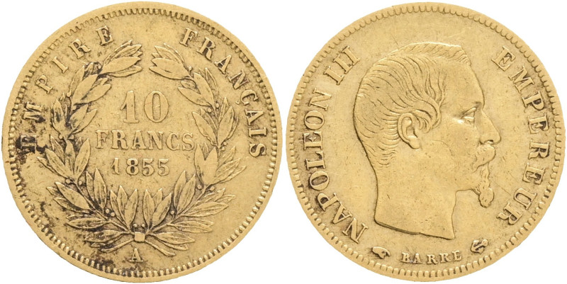 FRANCE 10 Frank 1855 A NAPOLEON III. , KM#784.3 Au.900 3,21g 19mm ,mint Paris
...