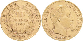 FRANCE  10 Frank 1867 A  NAPOLEON III. , KM#800.1  Au.900 3,20g 19mm ,mint Paris