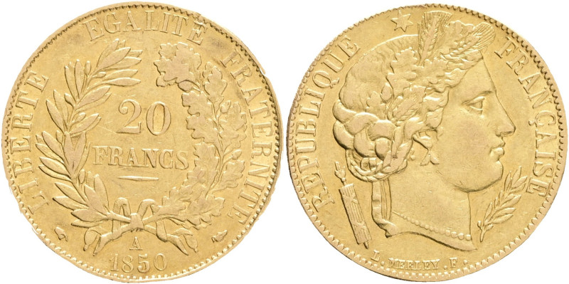 FRANCE II. Republic 20 Frank 1850 A Head of the goddes CERES, KM#762 F#529 Au.90...