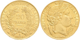 FRANCE  II. Republic 20 Frank 1851 A Head of the goddes CERES, KM#762 F#529 Au.900 6,40g 21mm Paris