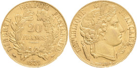 FRANCE  II. Republic 20 Frank 1851 A Head of the goddes CERES, KM#762 F#529 Au.900 6,42g 21mm Paris